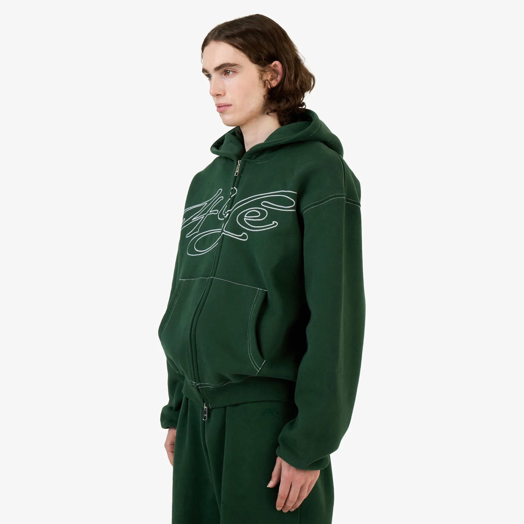 4YE Signature Zip Hoodie Dark Green / White - Image 2