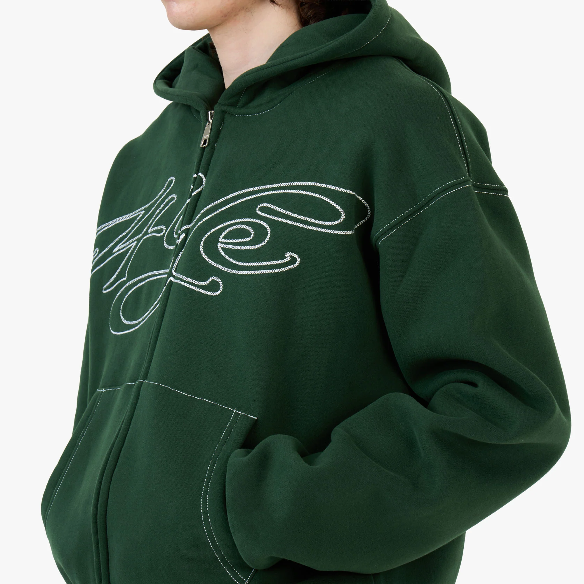 4YE Signature Zip Hoodie Dark Green / White - Image 4