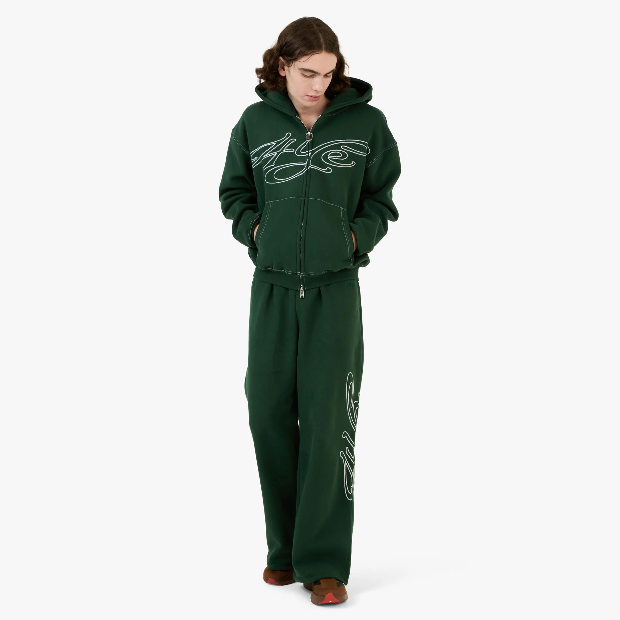 4YE Signature Zip Wide Pant Dark Green / White - Image 6