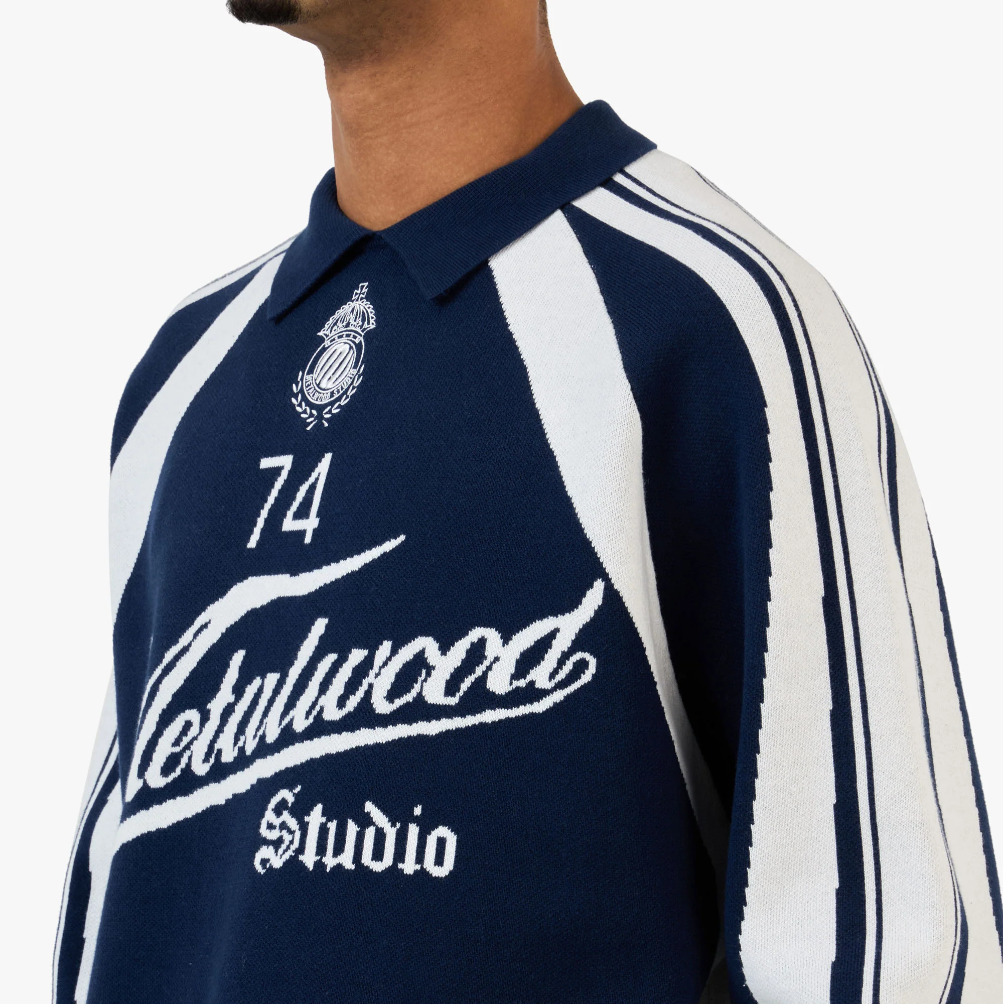 Metalwood Knit Football Top Navy - Image 4